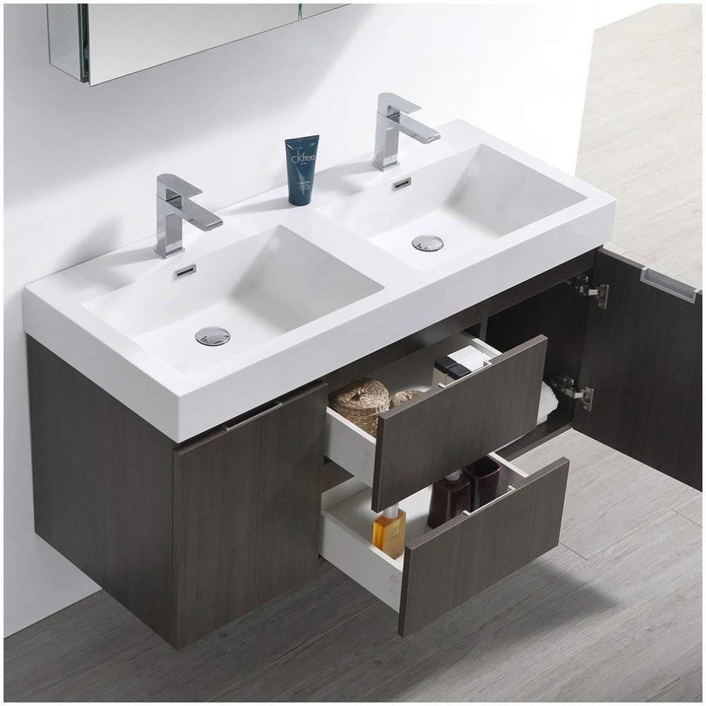 48 Gray Oak Wall Hung Double Sink Modern Bathroom Vanity w/ Medicine Cabinet