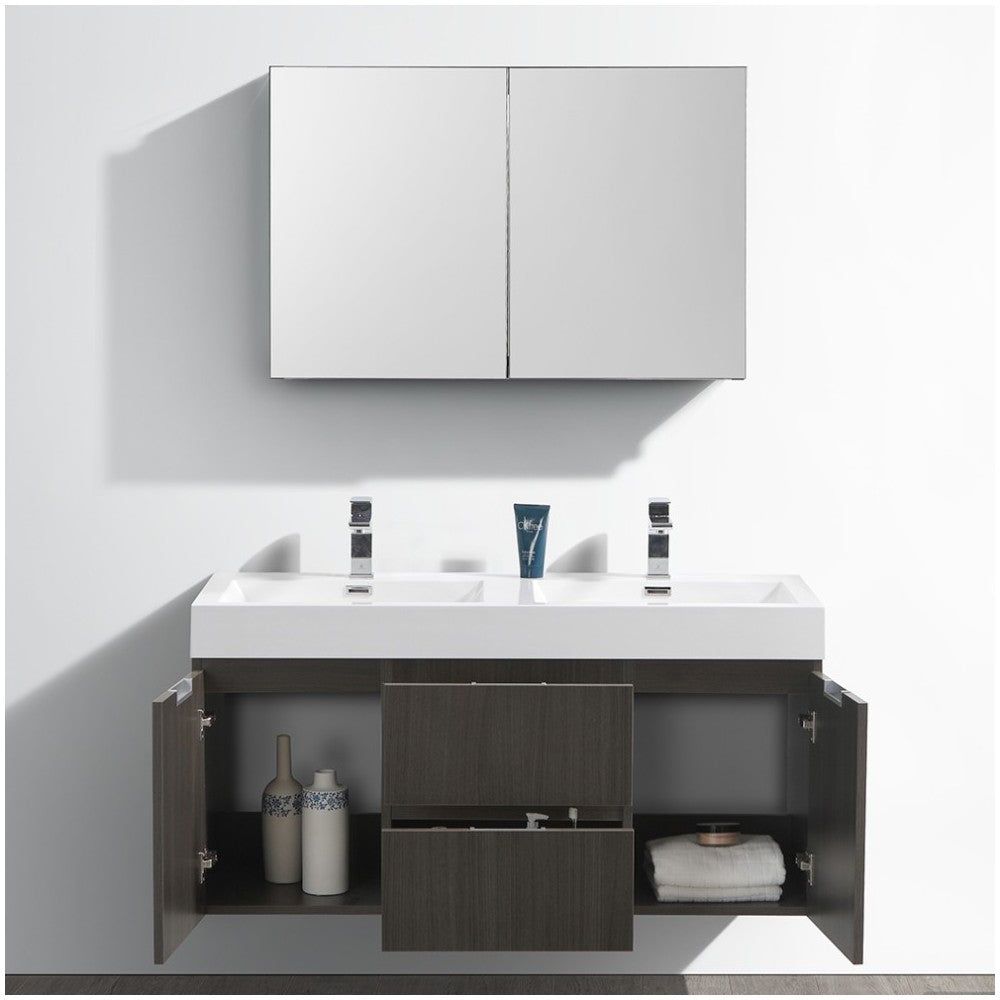 48 Gray Oak Wall Hung Double Sink Modern Bathroom Vanity w/ Medicine Cabinet