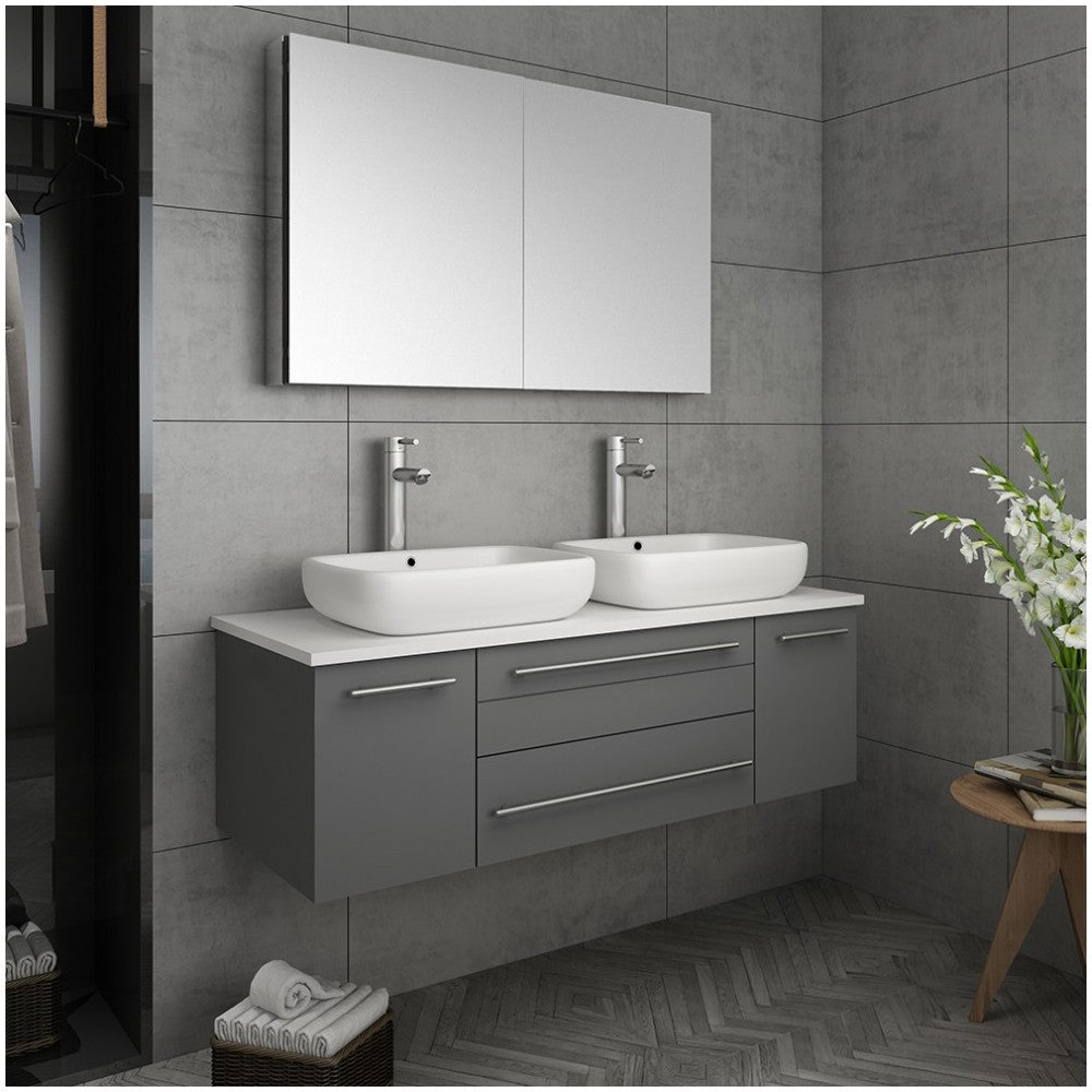 48 Gray Wall Hung Double Vessel Sink Modern Bathroom Vanity w/ Medicine Cabinet