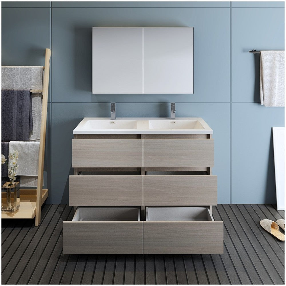 48 Gray Wood Free Standing Double Sink Bathroom Vanity w/ Medicine Cabinet