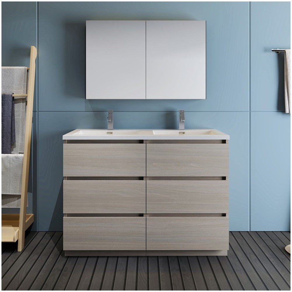 48 Gray Wood Free Standing Double Sink Bathroom Vanity w/ Medicine Cabinet