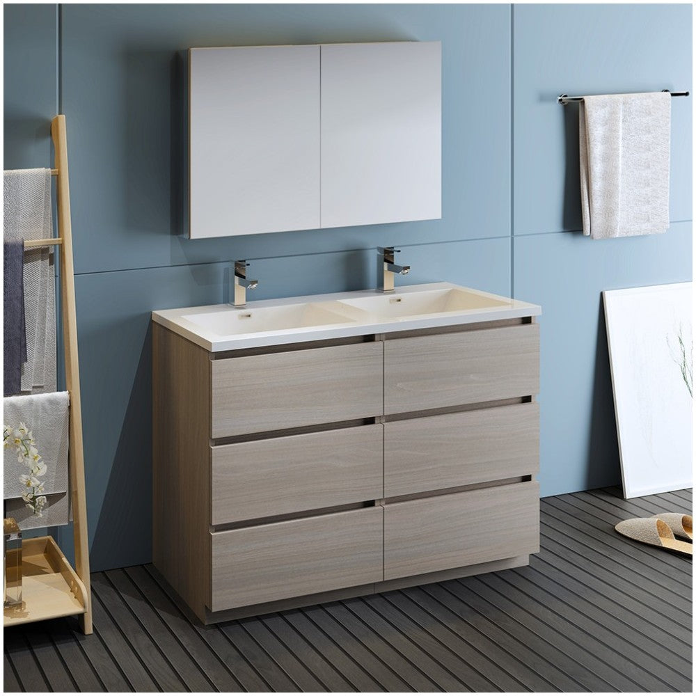 48 Gray Wood Free Standing Double Sink Bathroom Vanity w/ Medicine Cabinet