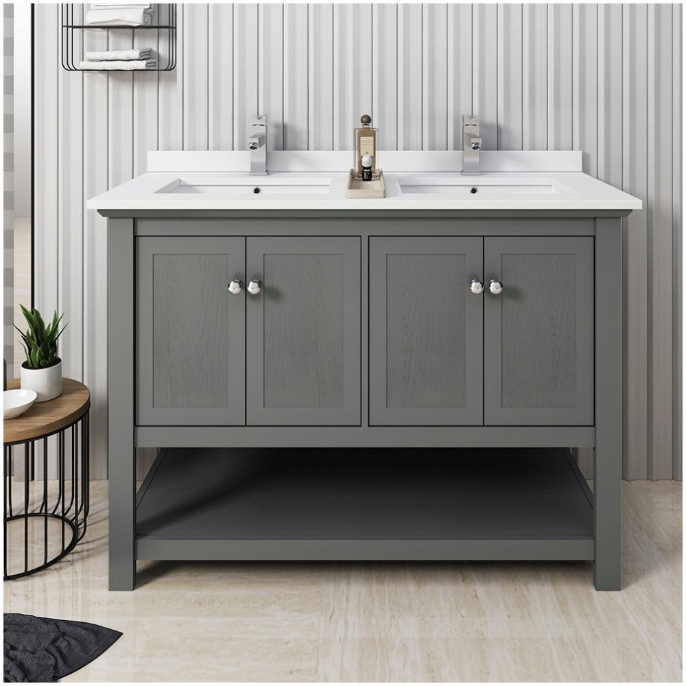 48 Gray Wood Veneer Traditional Double Sink Bathroom Cabinet w/ Top & Sinks