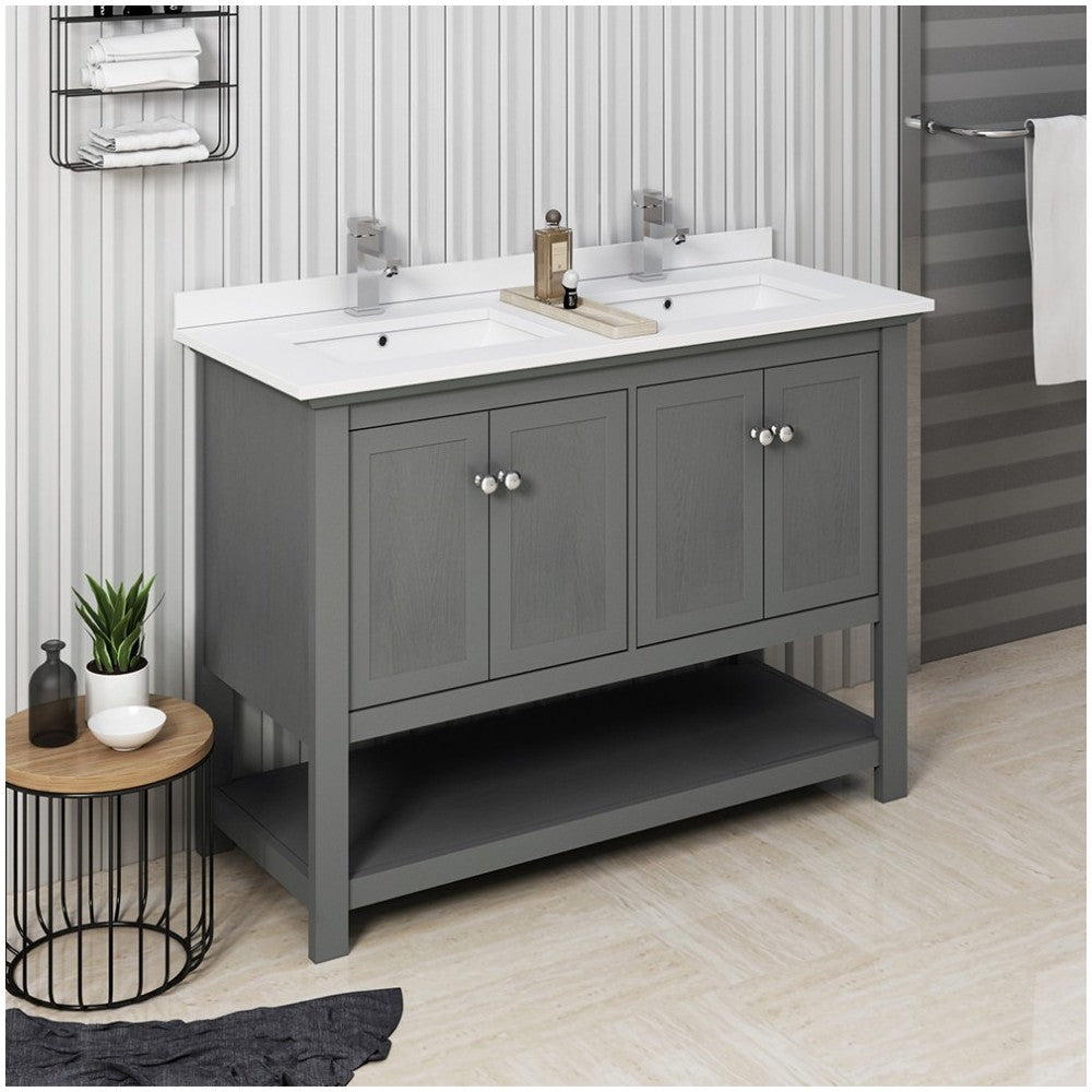 48 Gray Wood Veneer Traditional Double Sink Bathroom Cabinet w/ Top & Sinks