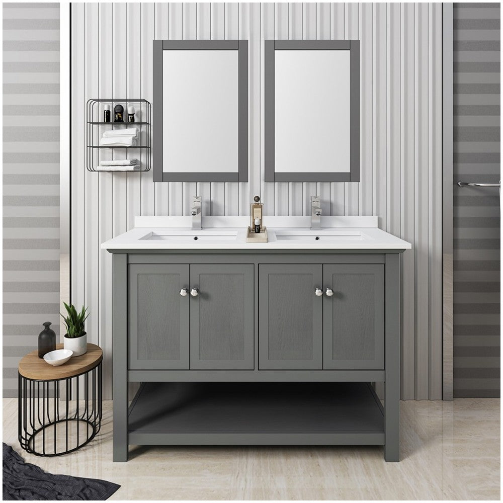 48 Gray Wood Veneer Traditional Double Sink Bathroom Vanity w/ Mirrors