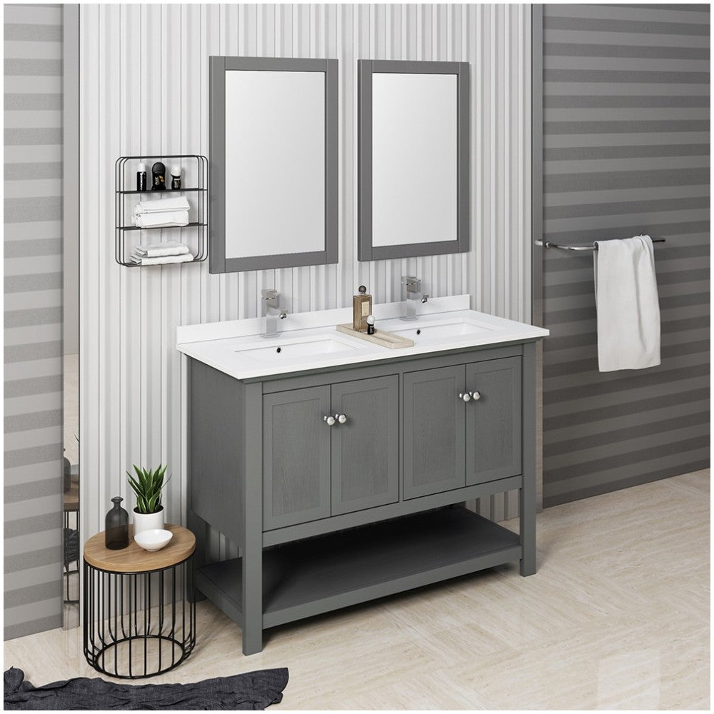 48 Gray Wood Veneer Traditional Double Sink Bathroom Vanity w/ Mirrors