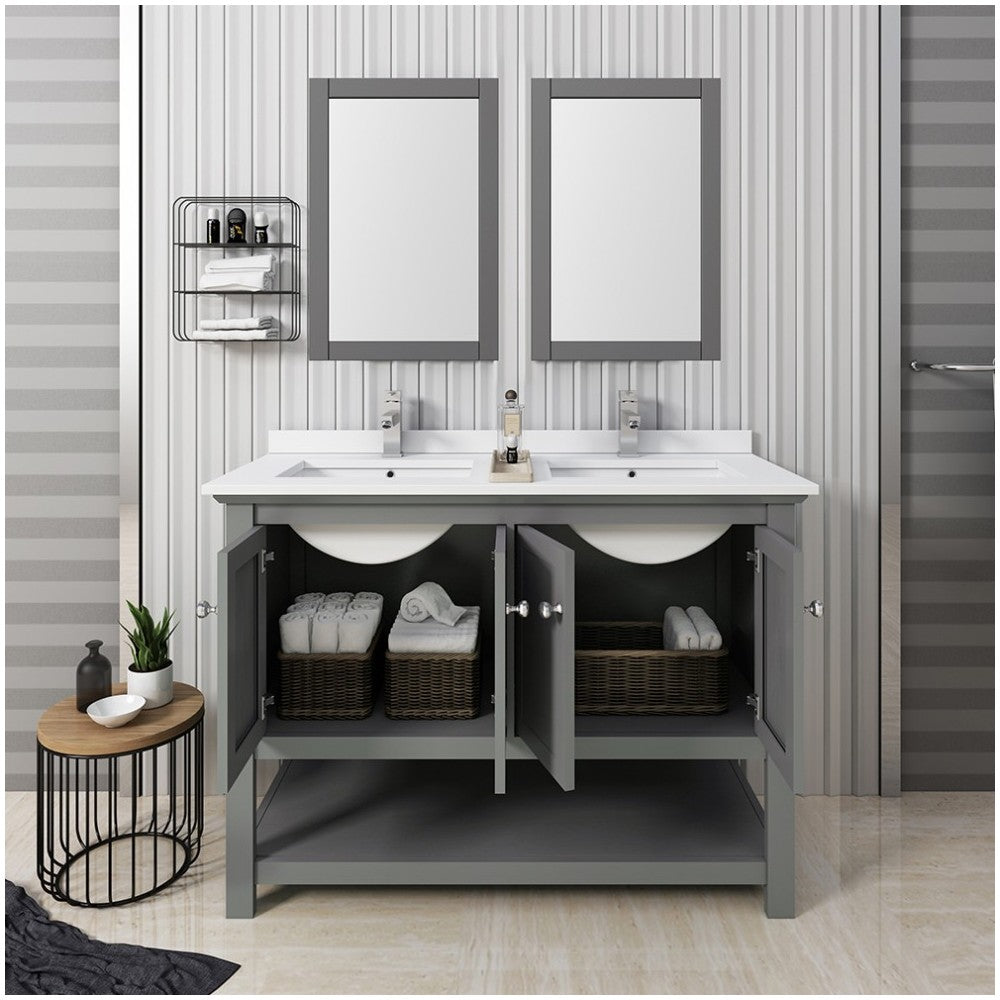 48 Gray Wood Veneer Traditional Double Sink Bathroom Vanity w/ Mirrors