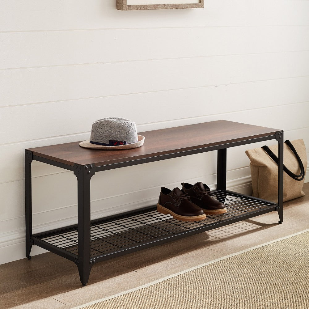 48" Industrial Angle Iron Entry Bench with Shelf - Dark Walnut