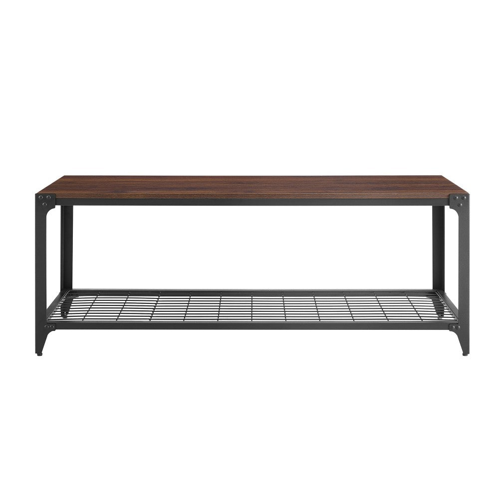 48" Industrial Angle Iron Entry Bench with Shelf - Dark Walnut