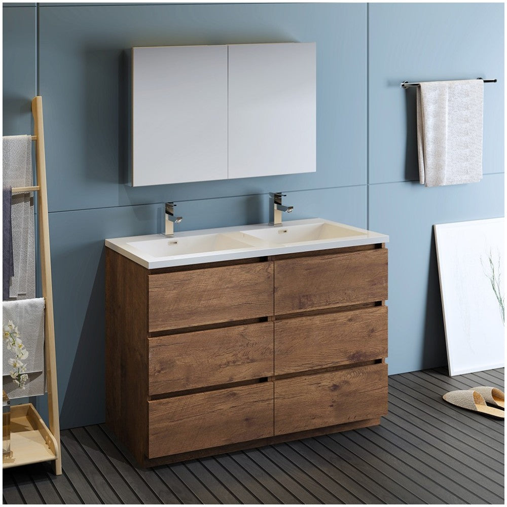 48 Rosewood Free Standing Double Sink Modern Bathroom Vanity w/ Medicine Cabinet