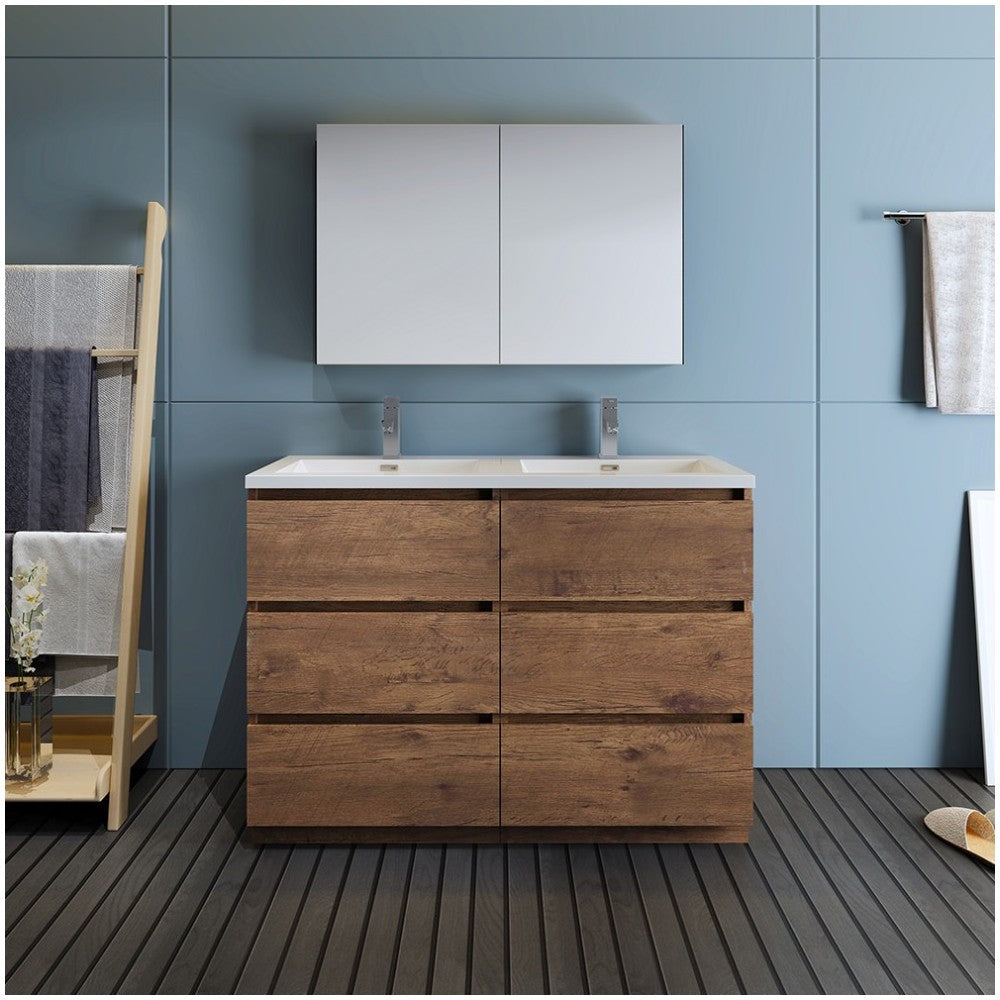 48 Rosewood Free Standing Double Sink Modern Bathroom Vanity w/ Medicine Cabinet