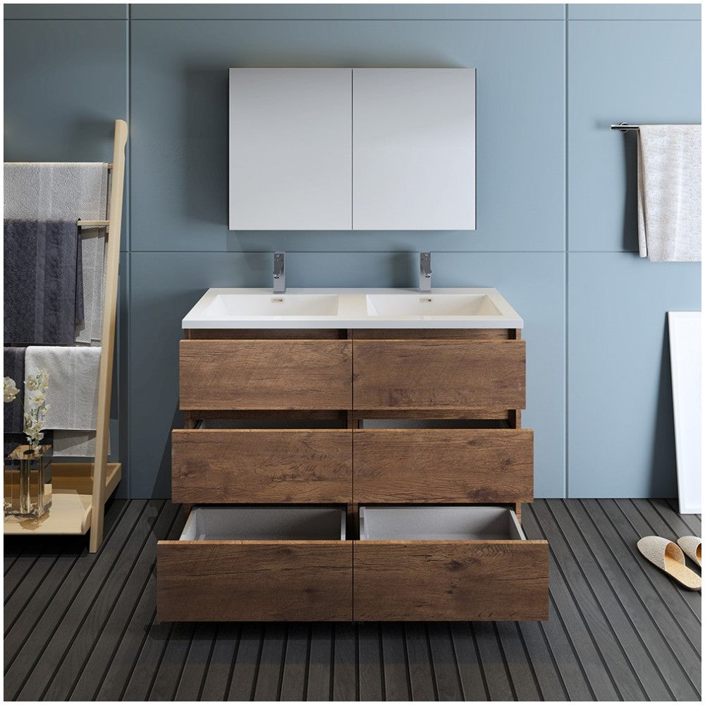 48 Rosewood Free Standing Double Sink Modern Bathroom Vanity w/ Medicine Cabinet