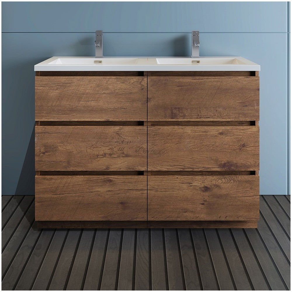 48 Rosewood Free Standing Modern Bathroom Cabinet w/ Integrated Double Sink