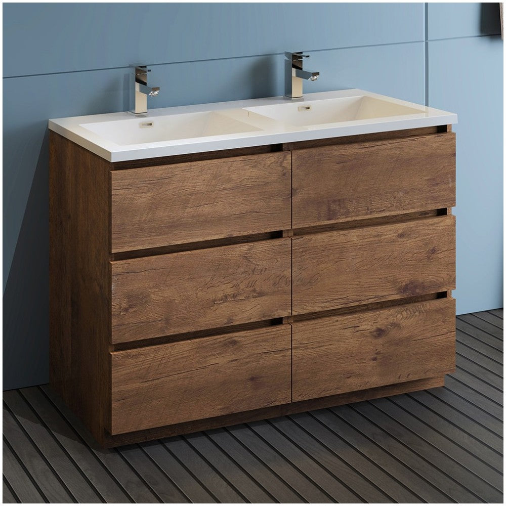48 Rosewood Free Standing Modern Bathroom Cabinet w/ Integrated Double Sink