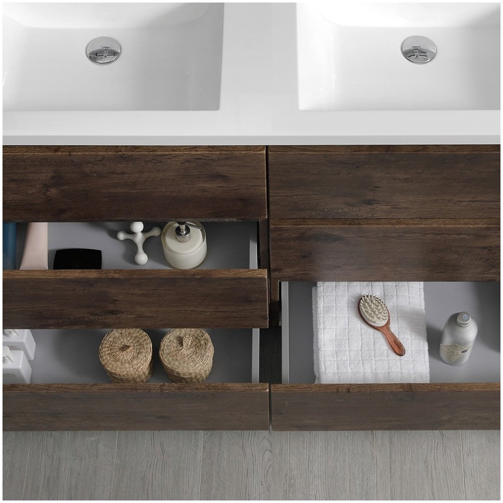 48 Rosewood Free Standing Modern Bathroom Cabinet w/ Integrated Double Sink