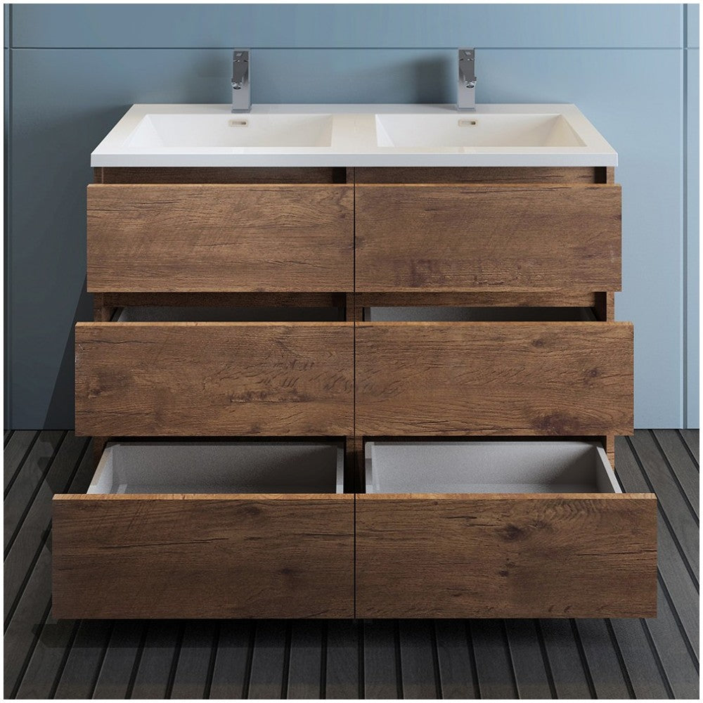 48 Rosewood Free Standing Modern Bathroom Cabinet w/ Integrated Double Sink