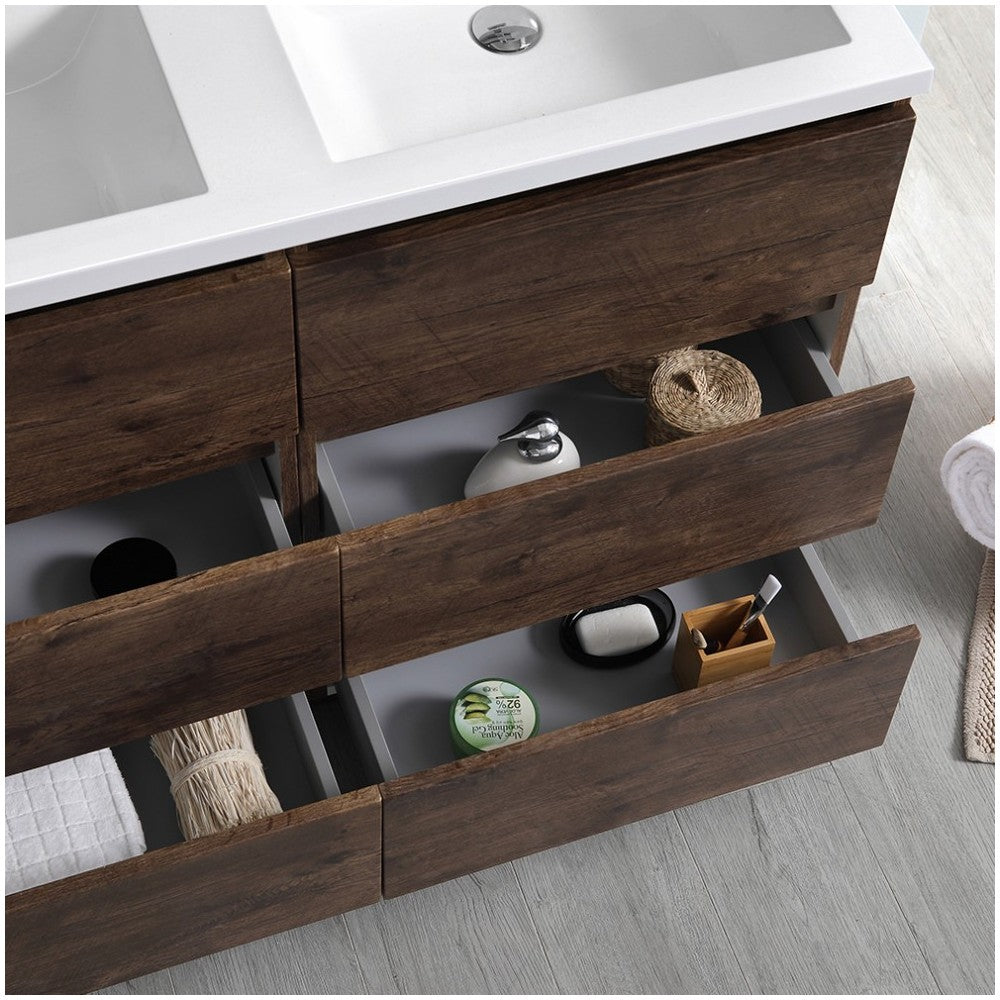 48 Rosewood Free Standing Modern Bathroom Cabinet w/ Integrated Double Sink
