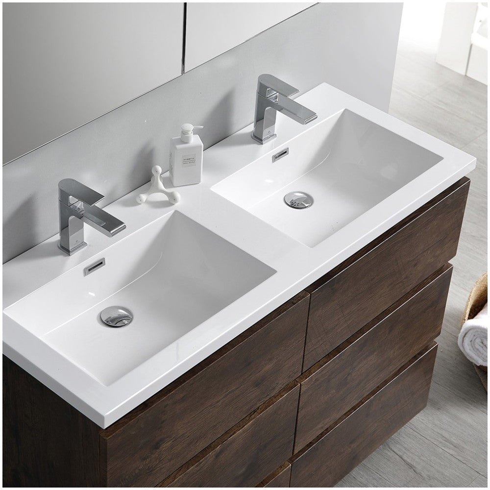48 Rosewood Free Standing Modern Bathroom Cabinet w/ Integrated Double Sink