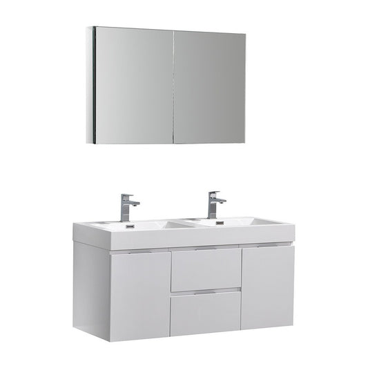 48 White Wall Hung Double Sink Modern Bathroom Vanity w/ Medicine Cabinet