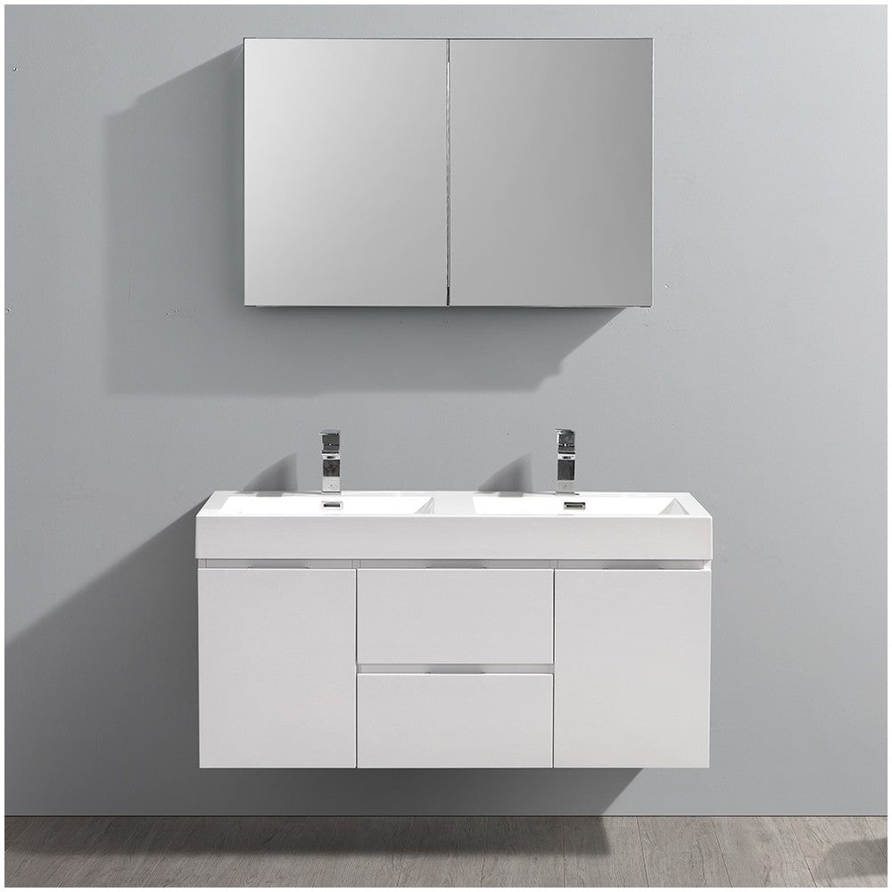 48 White Wall Hung Double Sink Modern Bathroom Vanity w/ Medicine Cabinet