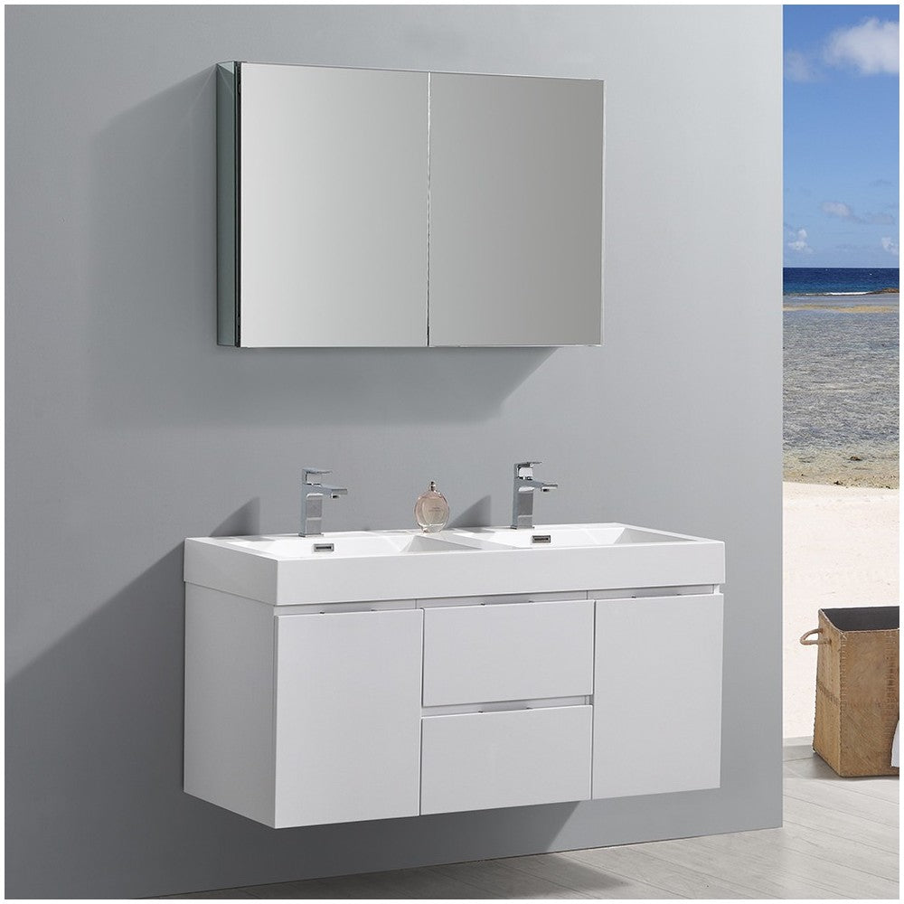 48 White Wall Hung Double Sink Modern Bathroom Vanity w/ Medicine Cabinet