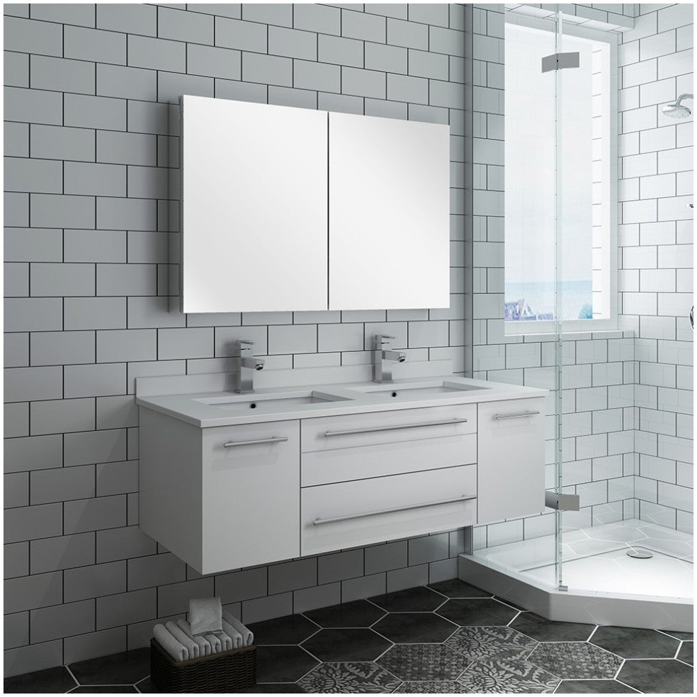 48 White Wall Hung Double Undermount Sink Bathroom Vanity w/ Medicine Cabinet