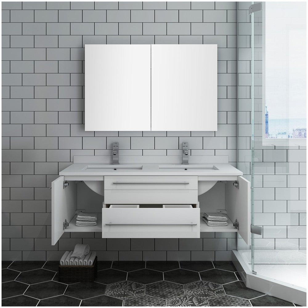 48 White Wall Hung Double Undermount Sink Bathroom Vanity w/ Medicine Cabinet