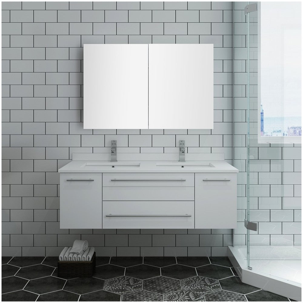 48 White Wall Hung Double Undermount Sink Bathroom Vanity w/ Medicine Cabinet