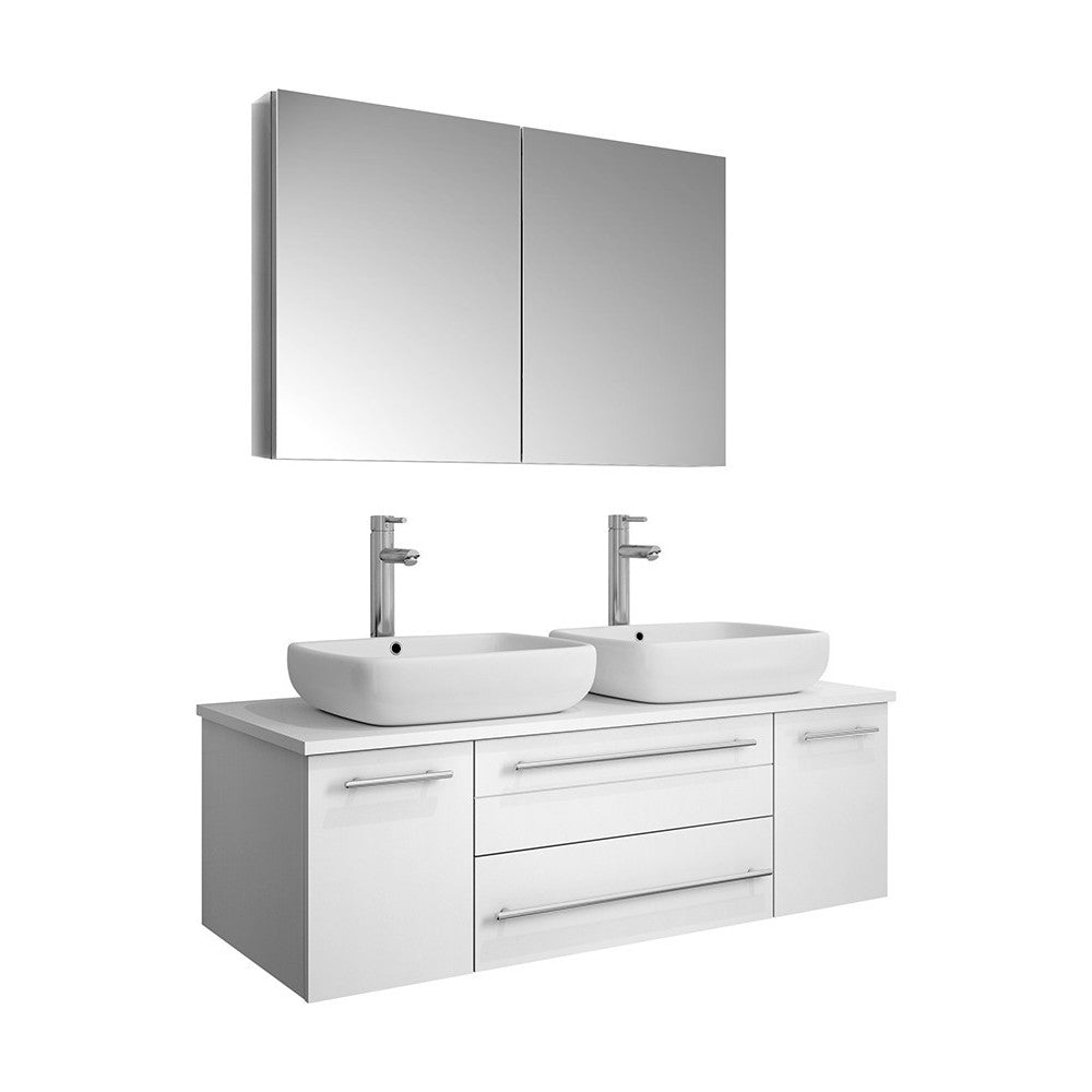 48 White Wall Hung Double Vessel Sink Modern Bathroom Vanity w/ Medicine Cabinet