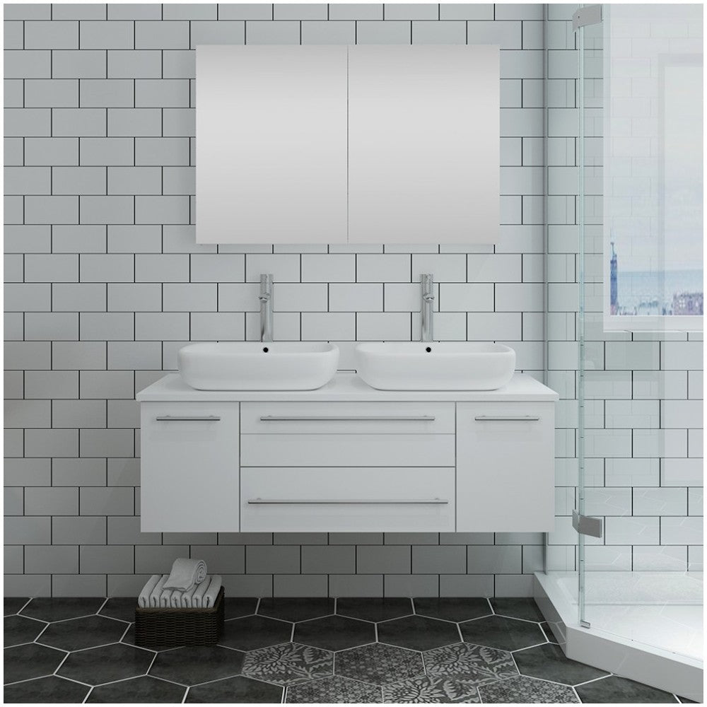 48 White Wall Hung Double Vessel Sink Modern Bathroom Vanity w/ Medicine Cabinet