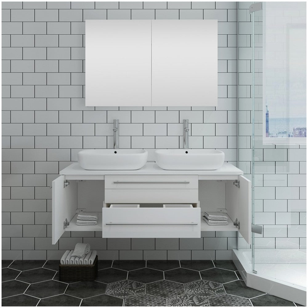 48 White Wall Hung Double Vessel Sink Modern Bathroom Vanity w/ Medicine Cabinet