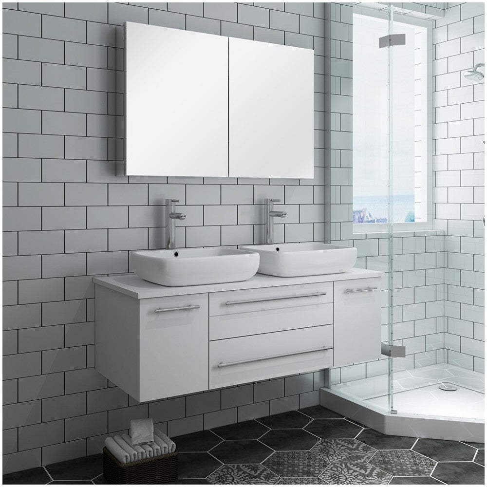 48 White Wall Hung Double Vessel Sink Modern Bathroom Vanity w/ Medicine Cabinet