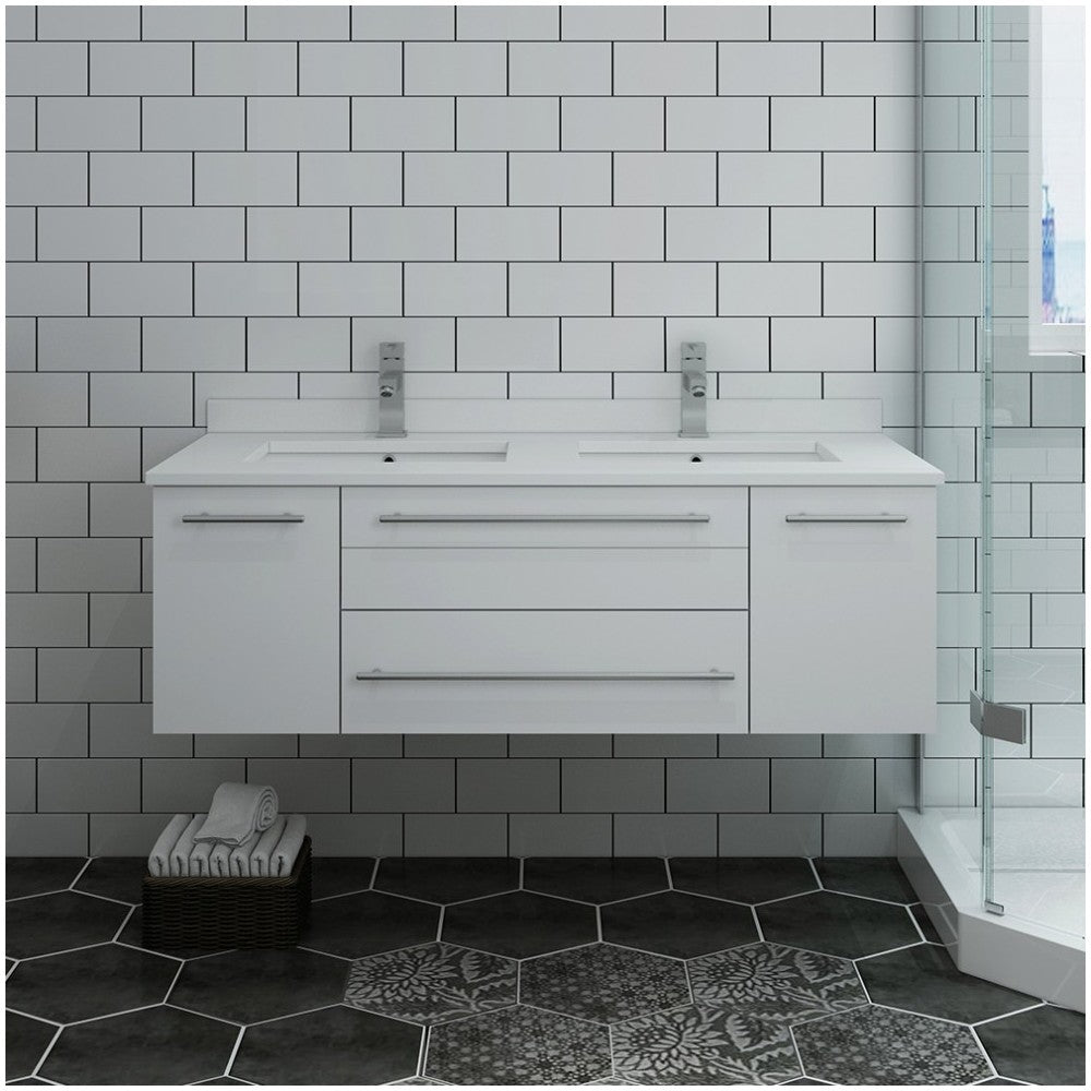 48 White Wall Hung Modern Bathroom Cabinet w/ Top, Double Undermount Sinks