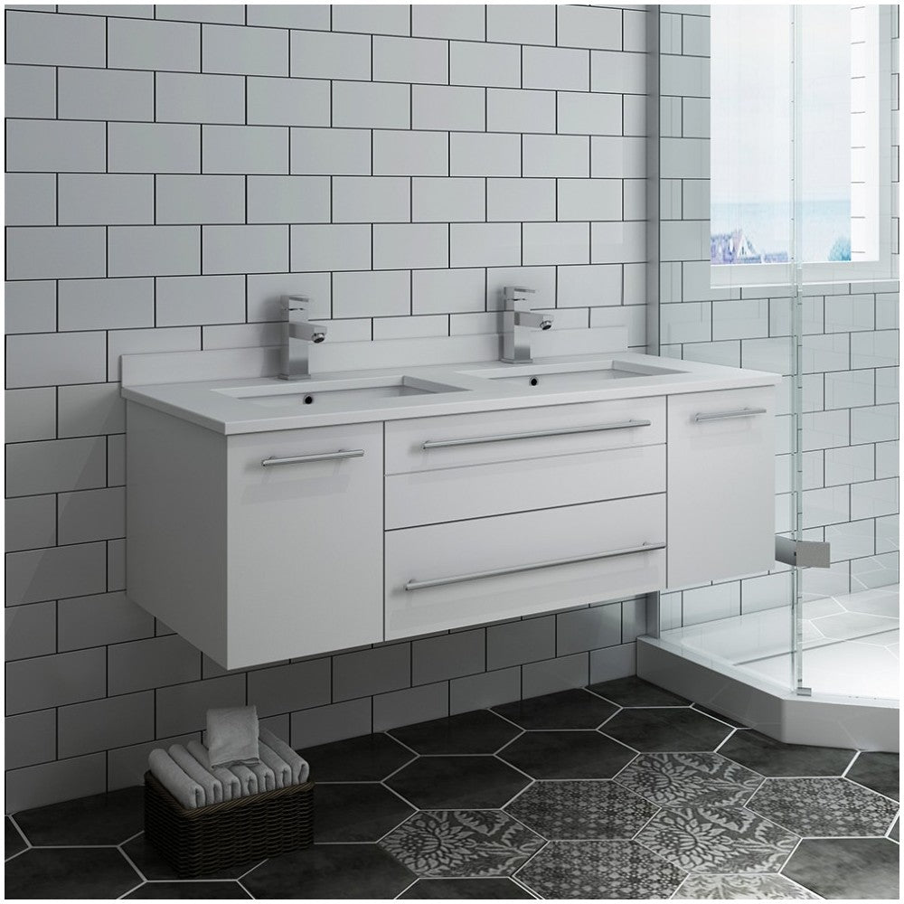48 White Wall Hung Modern Bathroom Cabinet w/ Top, Double Undermount Sinks