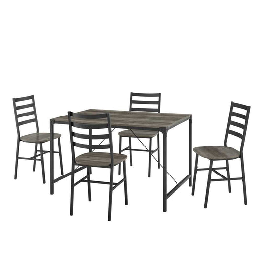 5-Piece Industrial Angle Iron Dining Set with Slat Back Chairs - Gray Wash