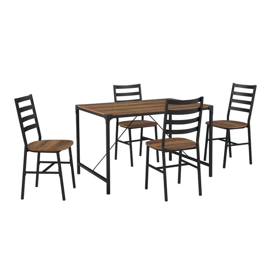 5-Piece Industrial Angle Iron Dining Set with Slat Back Chairs - Rustic Oak