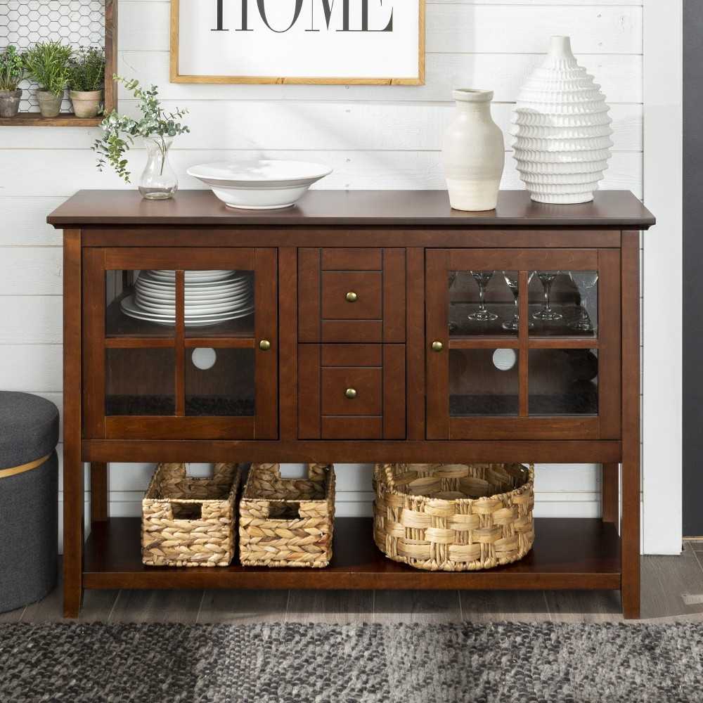 52" Transitional Wood Glass Sideboard - Walnut