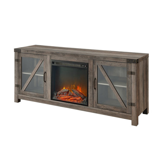 58" Glass Barn Door Fireplace Console - Gray Wash