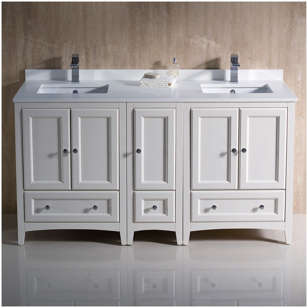60 Antique White Traditional Dbl Sink Bathroom Cabinets, Top, Sinks, FCB20