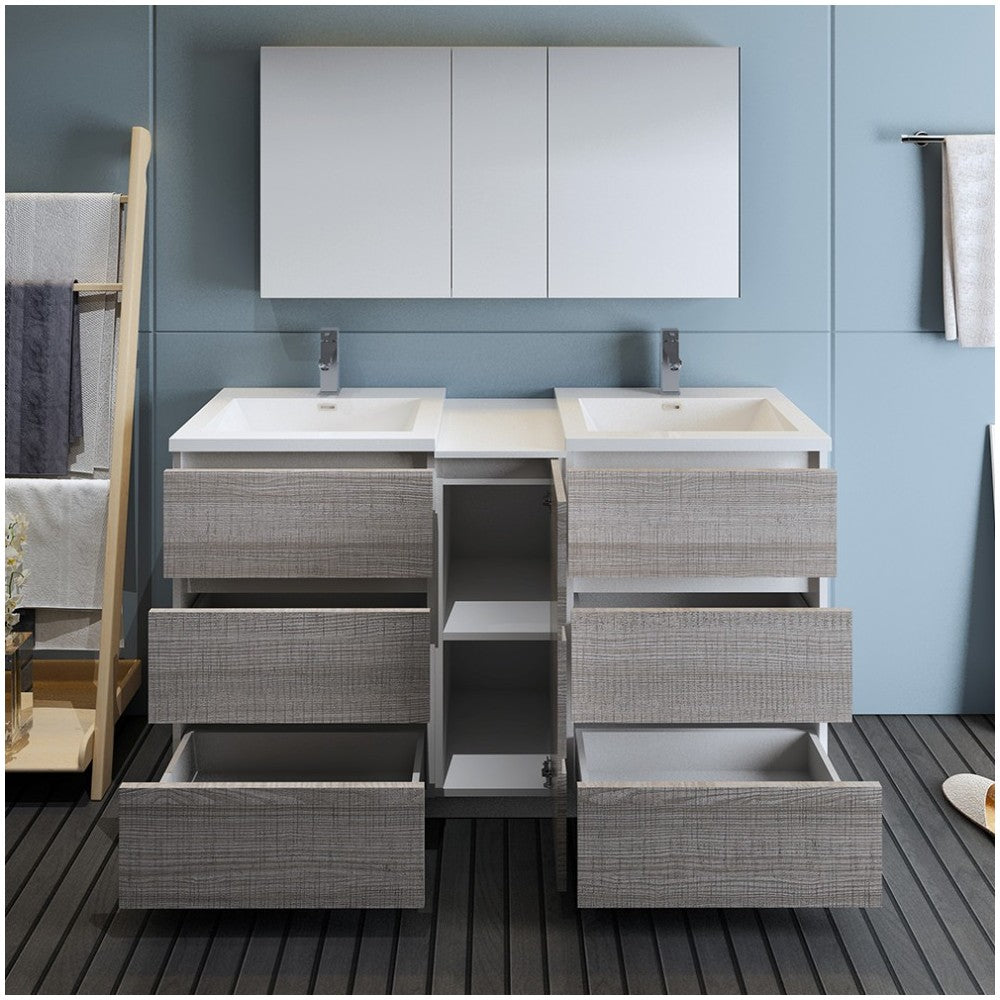 60 Ash Gray Free Standing Dbl Sink Bathroom Vanity, Medicine Cabinet