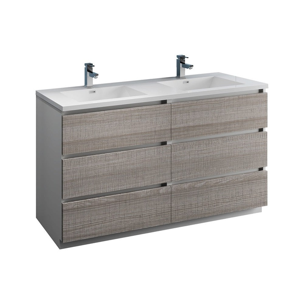 60 Ash Gray Free Standing Modern Bathroom Cabinet w/ Integrated Double Sink