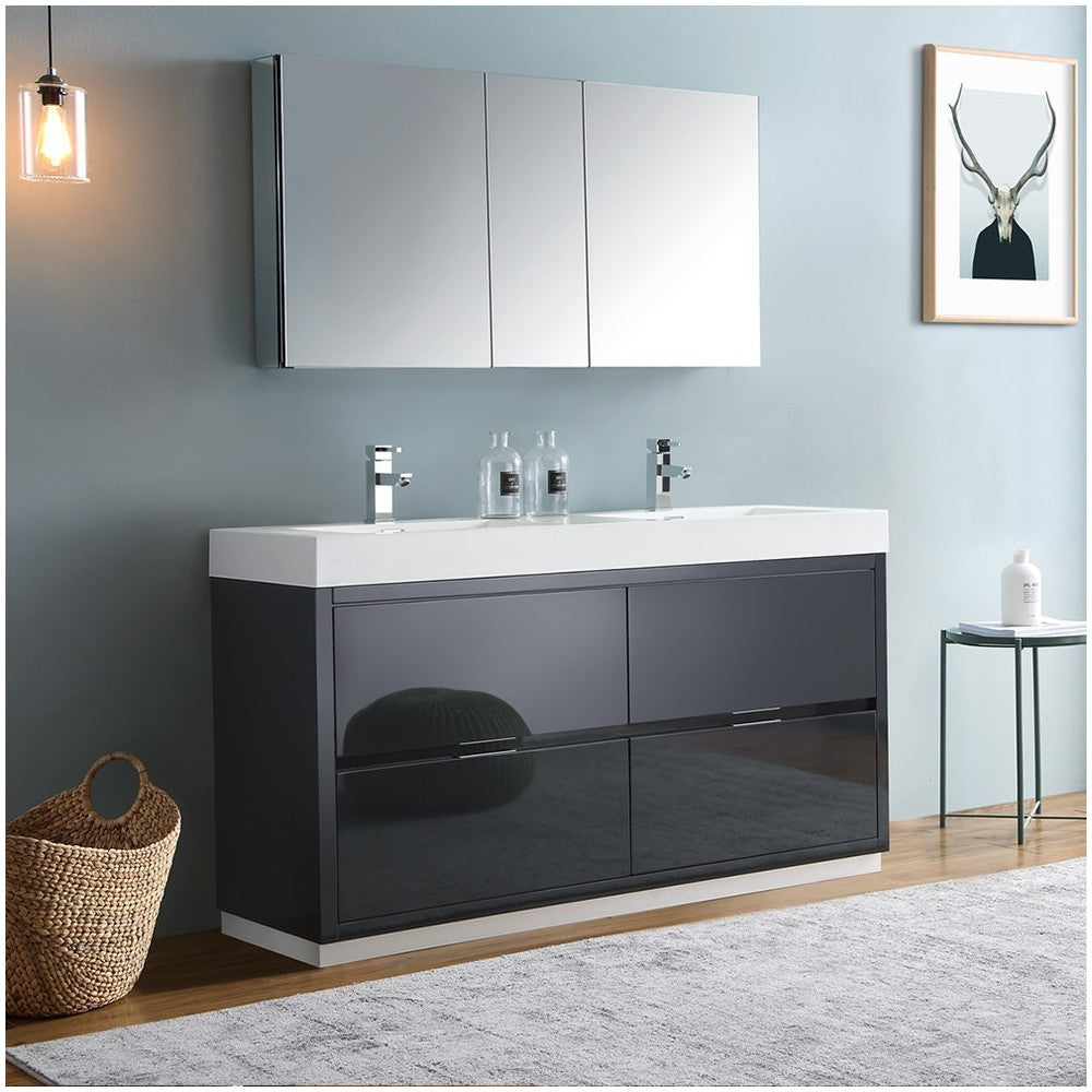 60 Dark Slate Gray Free Standing Double Sink Bathroom Vanity w/ Medicine Cabinet