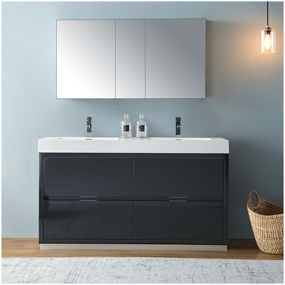 60 Dark Slate Gray Free Standing Double Sink Bathroom Vanity w/ Medicine Cabinet