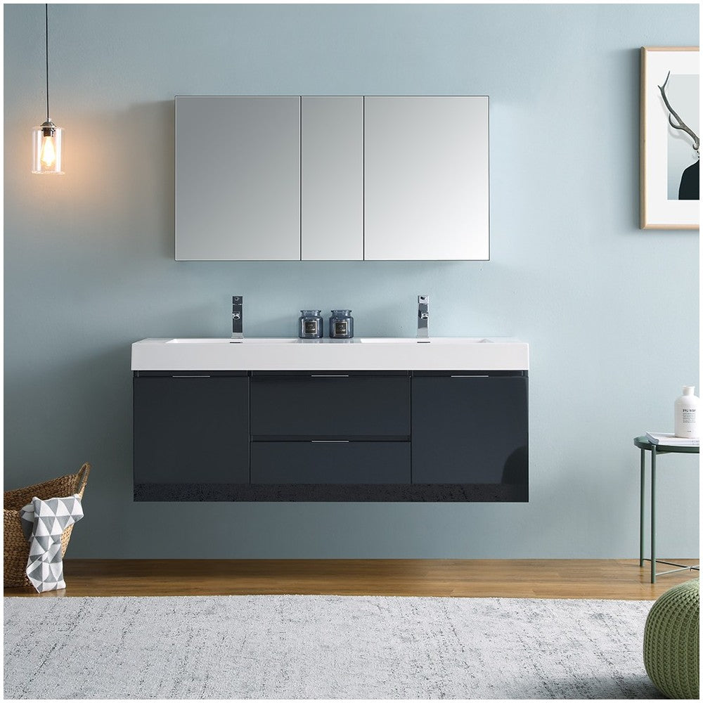 60 Dark Slate Gray Wall Hung Double Sink Bathroom Vanity w/ Medicine Cabinet