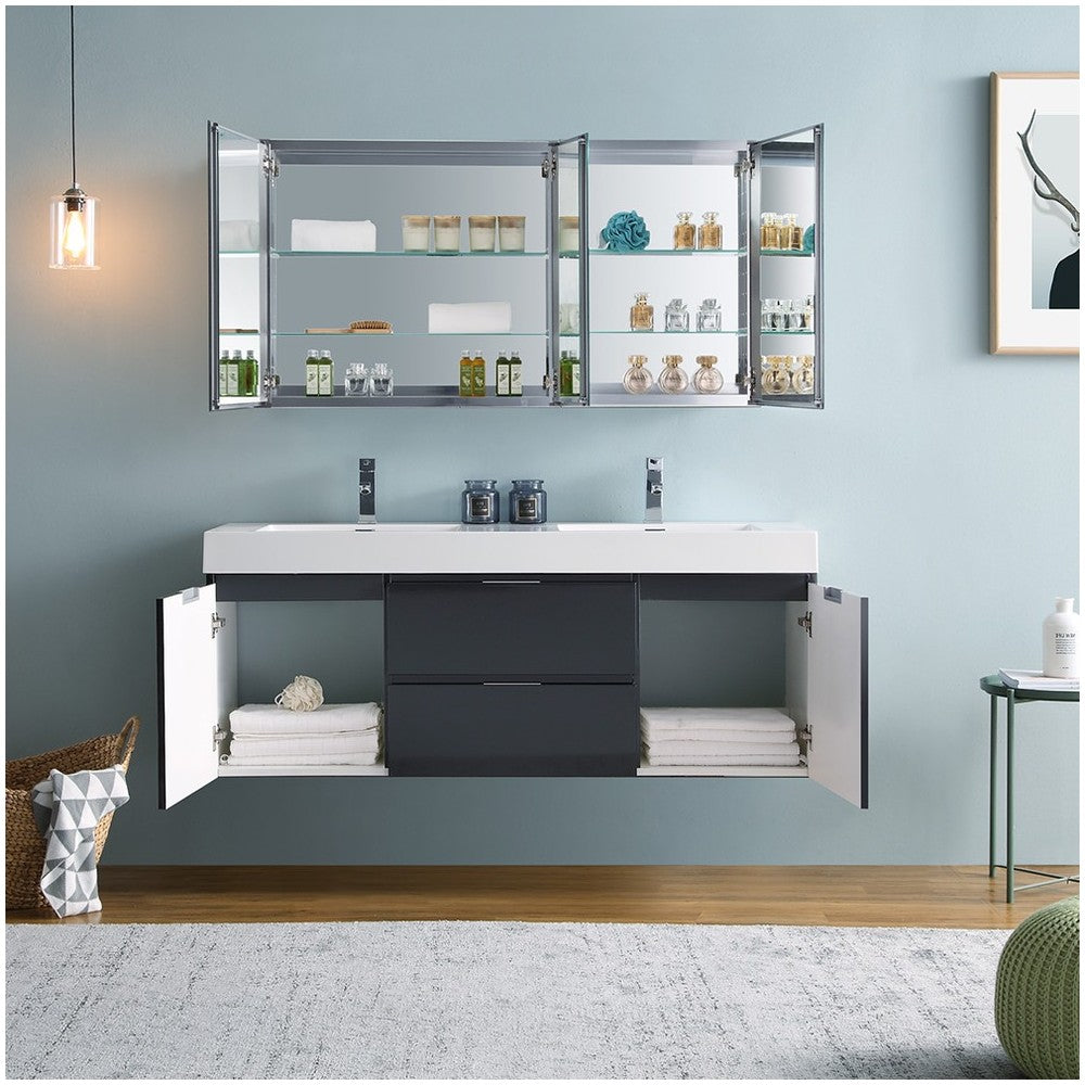 60 Dark Slate Gray Wall Hung Double Sink Bathroom Vanity w/ Medicine Cabinet