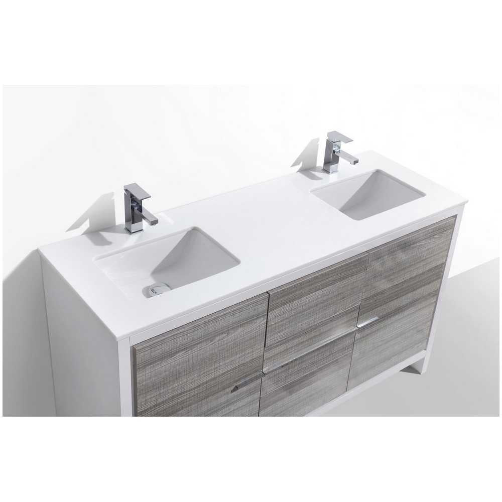 60" Double Sink Ash Gray Modern Bathroom Vanity With White Quartz Counter-Top