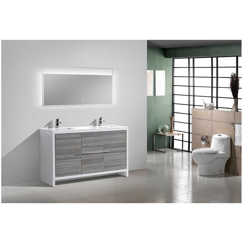 60" Double Sink Ash Gray Modern Bathroom Vanity With White Quartz Counter-Top