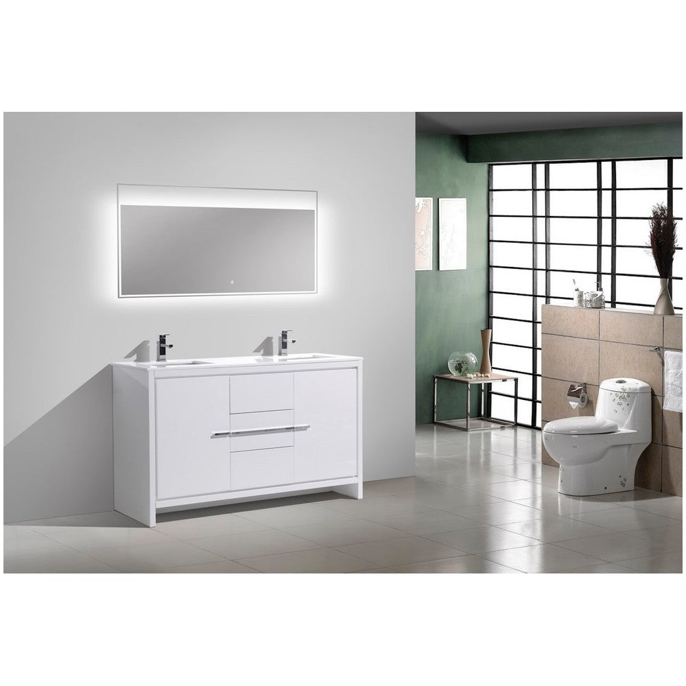 60" Double Sink High Gloss White Modern Bathroom VanityWhite Quartz Counter-Top
