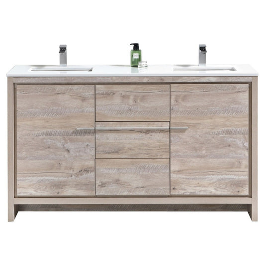 60" Double Sink Nature Wood Modern Vanity, White Quartz Counter-Top