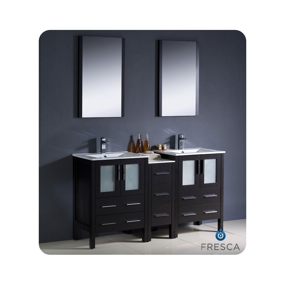 60 Espresso Double Sink Bathroom Vanity w/ Side Cabinet & Integrated Sinks